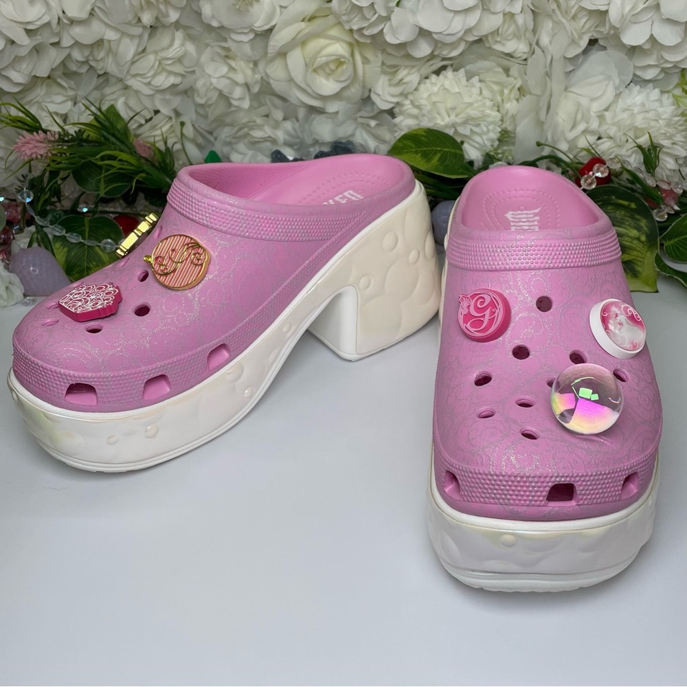 Wicked Glinda Crocs Pink White Platform Crocs Siren Clog w/ Jibbitz SIZE 9